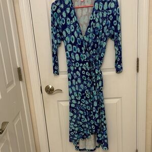 Lilly Pulitzer Vibrant Blue and Green wrap around  Long Sleeve Dress